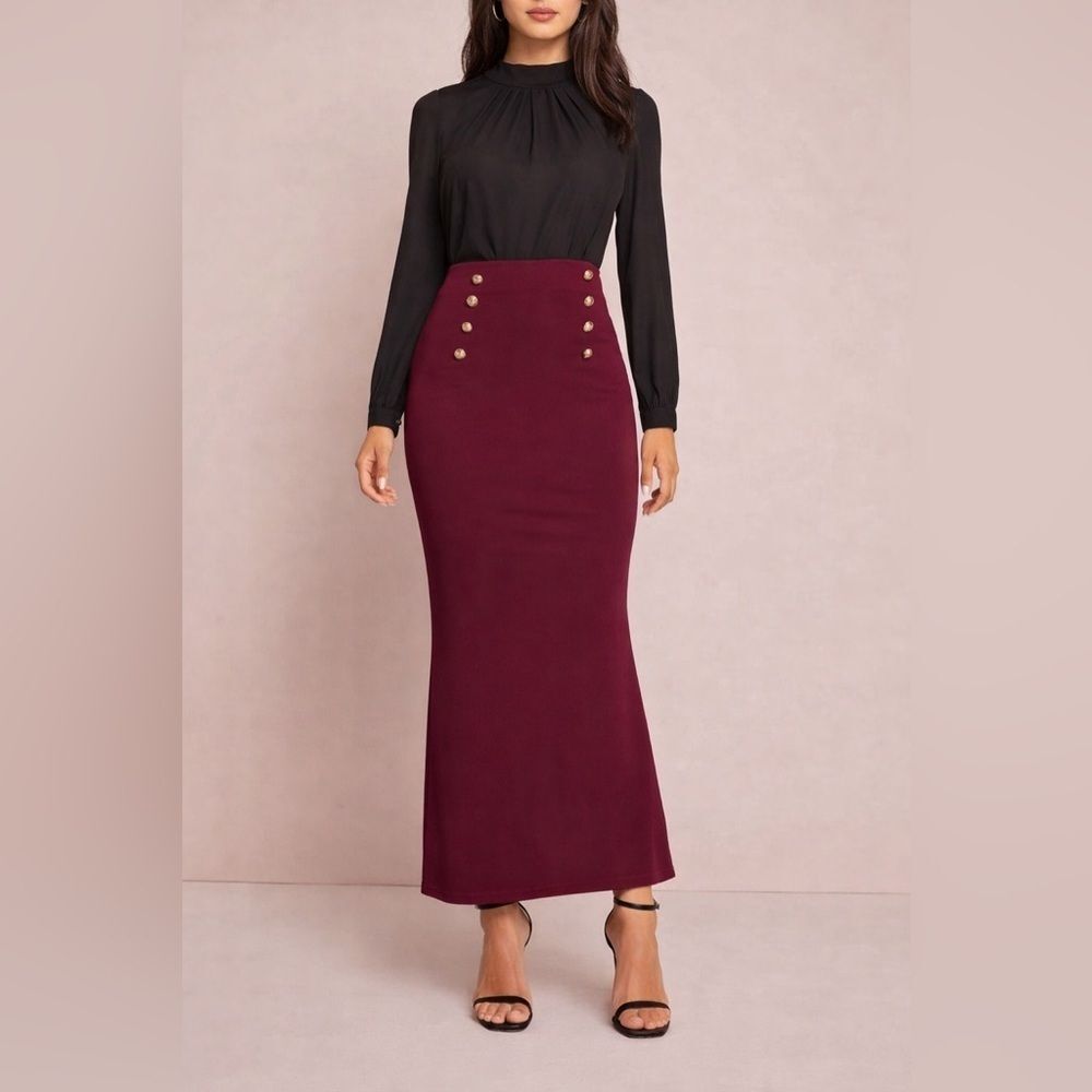 SHEIN Women's Solid Gold Button Front Mermaid Maxi Skirt